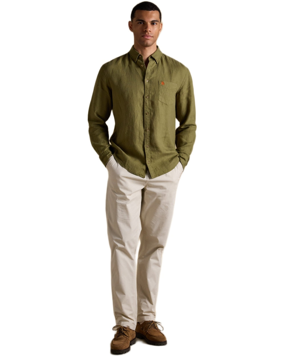 Khaki Green coloured Joules Mens Pure Linen Long Sleeve Classic Fit Shirt on white background