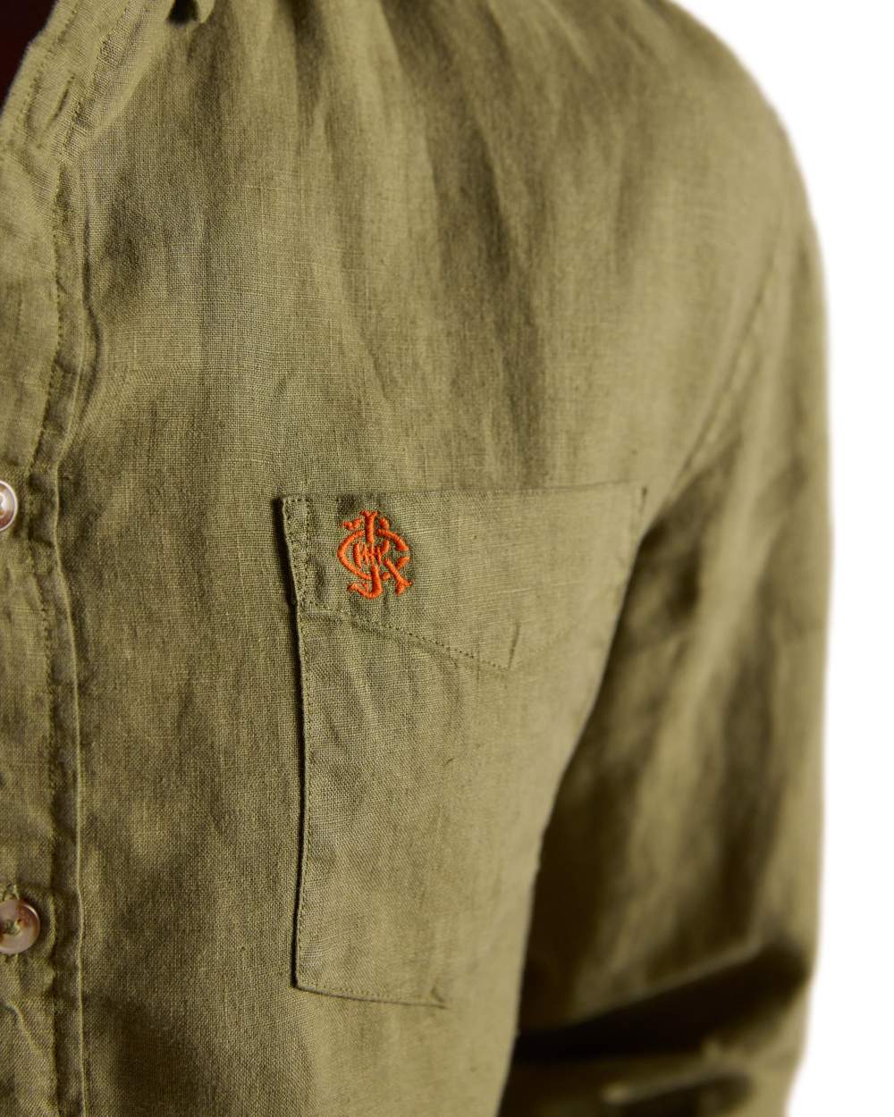 Khaki Green coloured Joules Mens Pure Linen Long Sleeve Classic Fit Shirt on white background