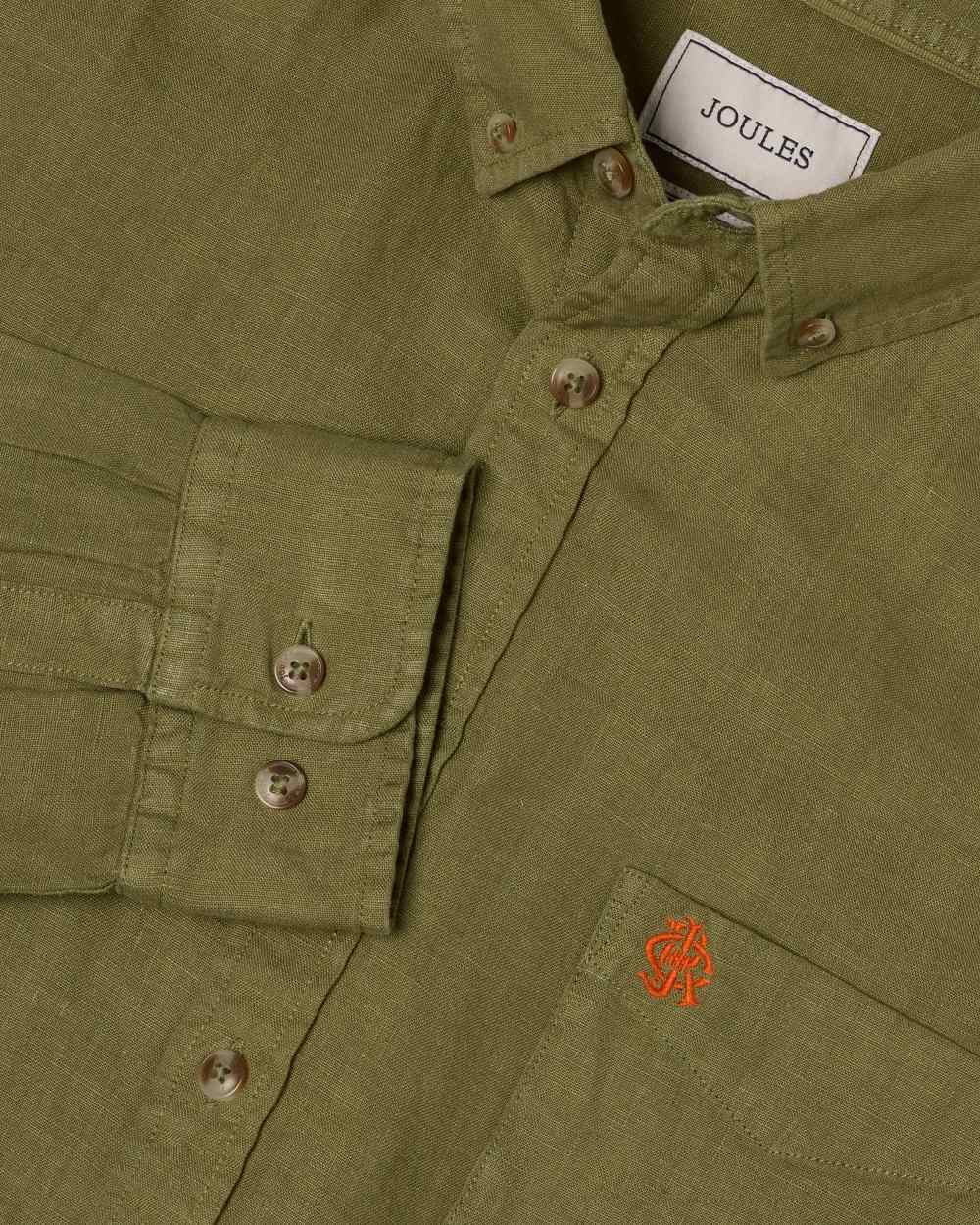Khaki Green coloured Joules Mens Pure Linen Long Sleeve Classic Fit Shirt on white background