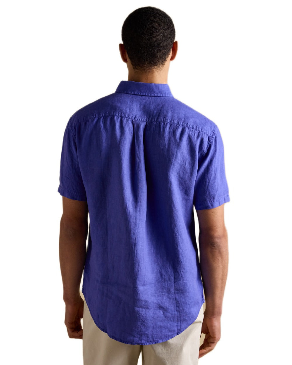 Blue coloured Joules Mens Pure Linen Short Sleeve Classic Fit Shirt on white background