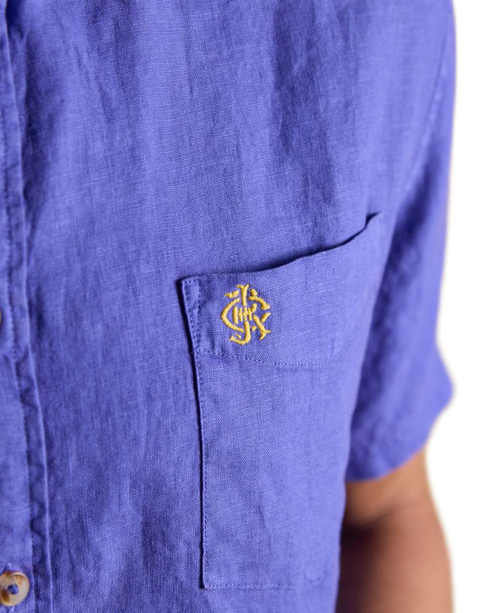 Blue coloured Joules Mens Pure Linen Short Sleeve Classic Fit Shirt on white background