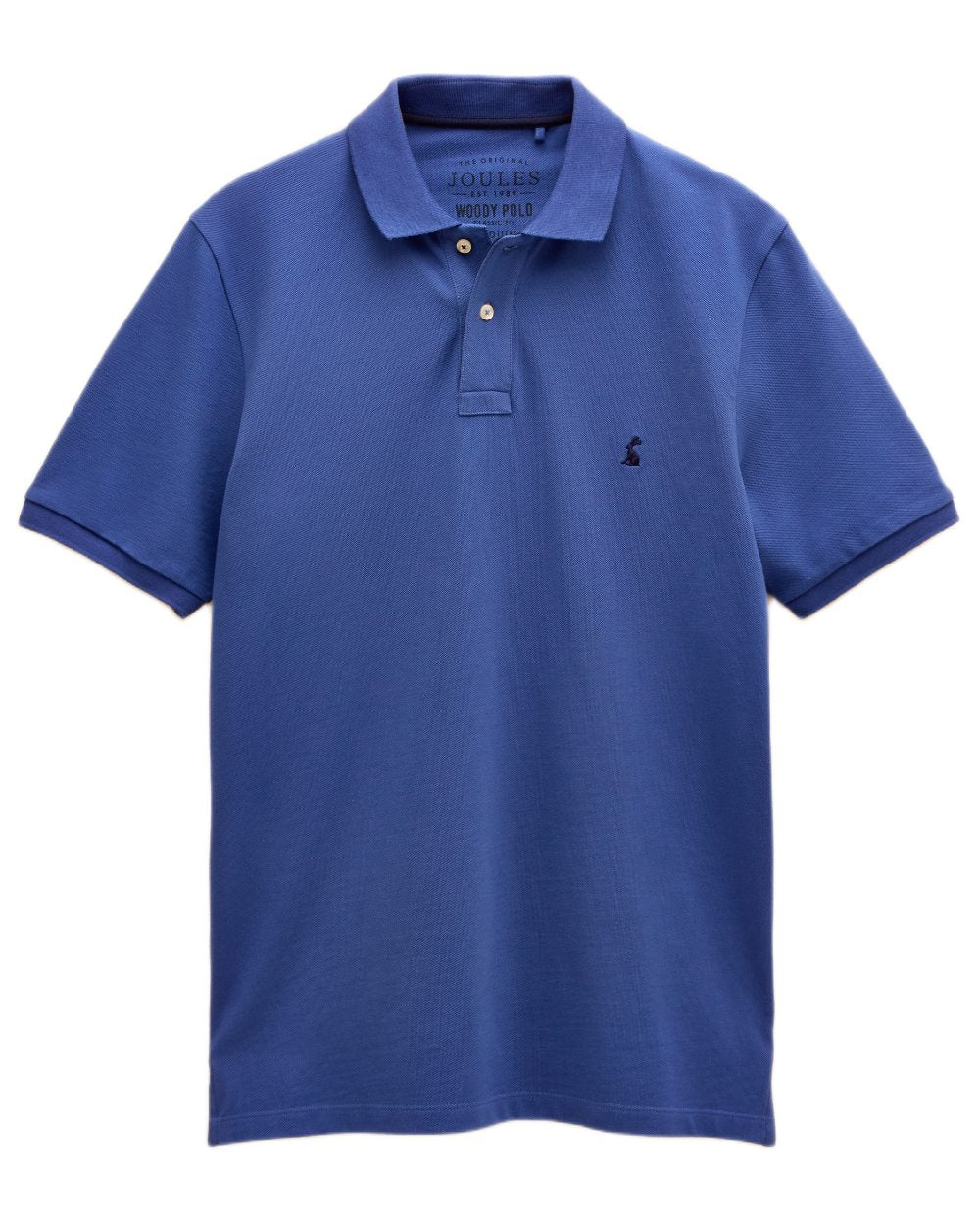 Blue coloured Joules Mens Woody Cotton Pique Polo Shirt on white background