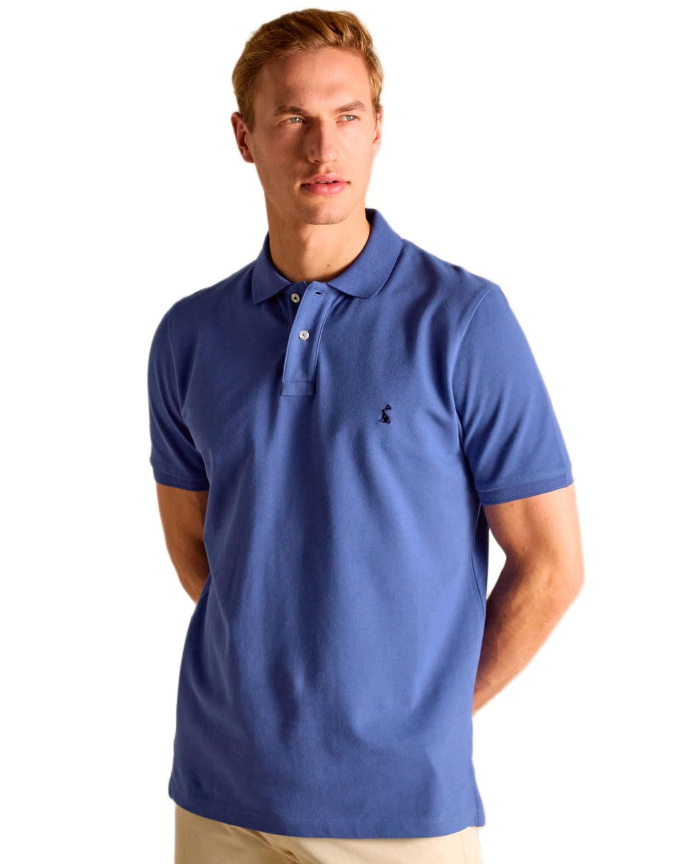 Blue coloured Joules Mens Woody Cotton Pique Polo Shirt on white background