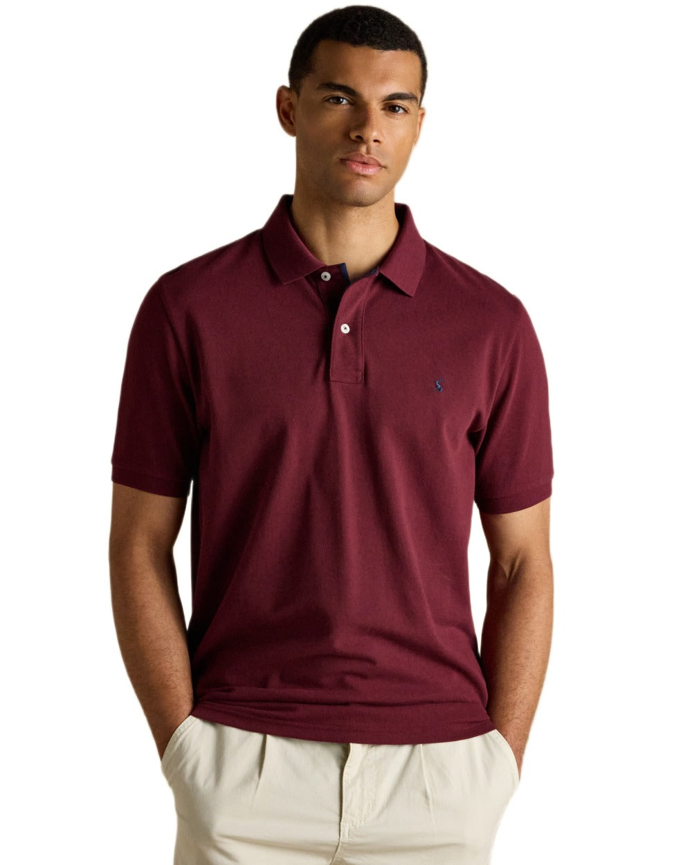 Burgundy coloured Joules Mens Woody Cotton Pique Polo Shirt on white background
