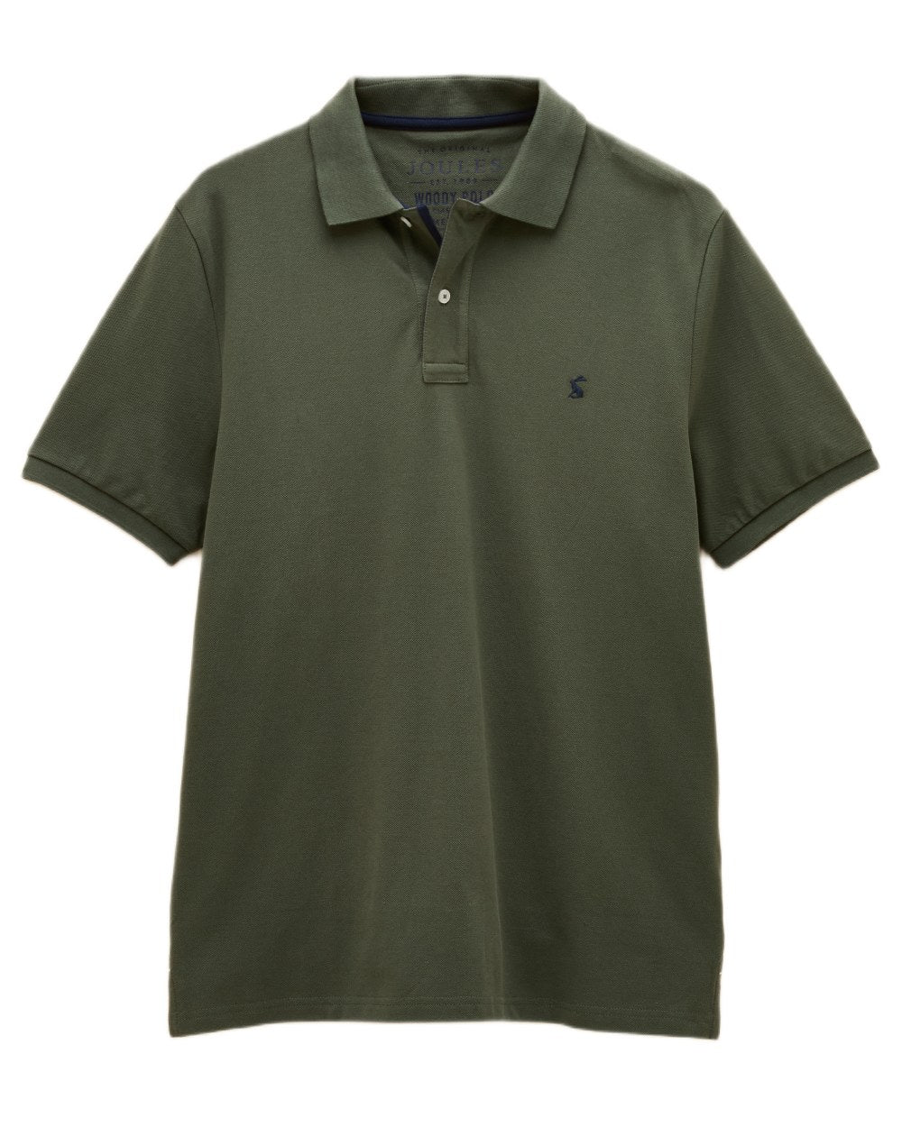Khaki Green coloured Joules Mens Woody Cotton Pique Polo Shirt on white background