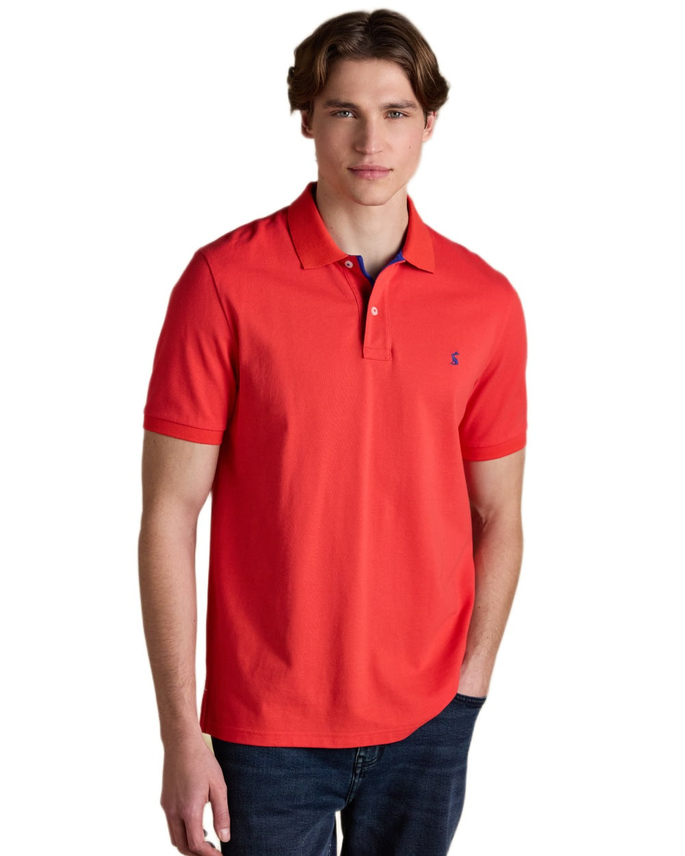 Red coloured Joules Mens Woody Cotton Pique Polo Shirt on white background