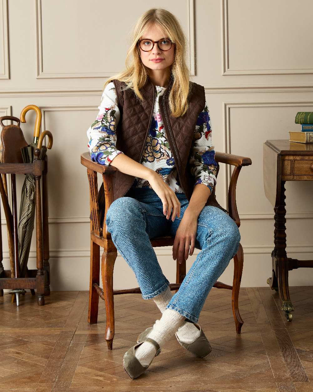 Brown Coloured Joules Minx Showerproof Diamond Quilted Gilet on indoor background