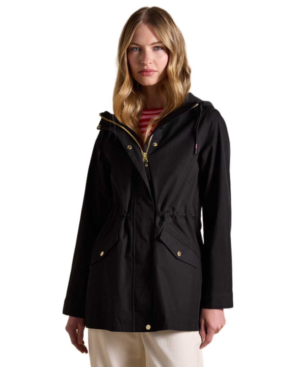 Black Coloured Joules Portwell Waterproof Raincoat With Hood On A White Background