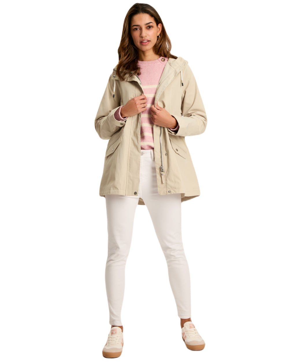 Neutral coloured Joules Portwell Waterproof Raincoat With Hood on white background