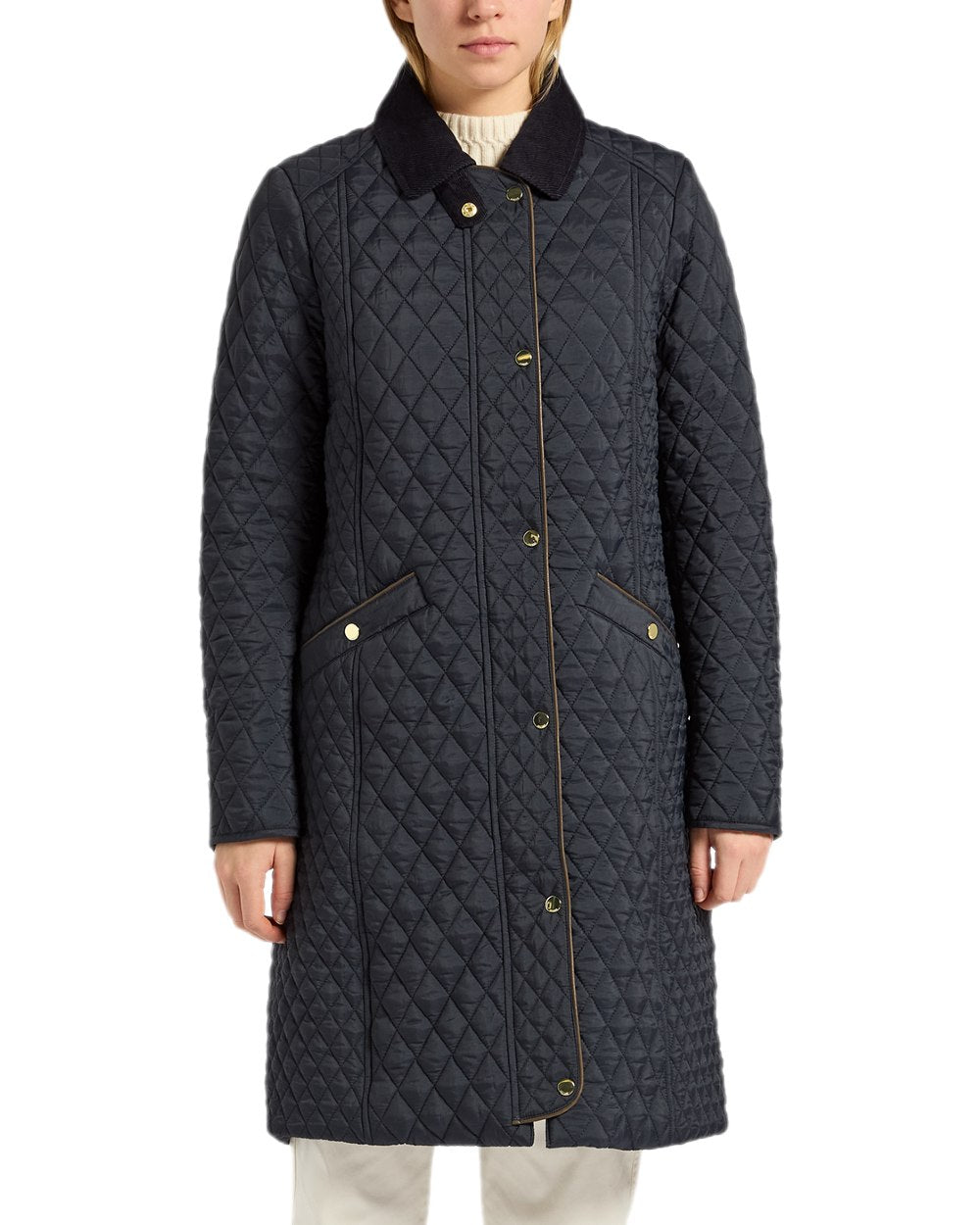 Navy Coloured Joules Rosewell Showerproof Longline Diamond Quilted Coat on white background
