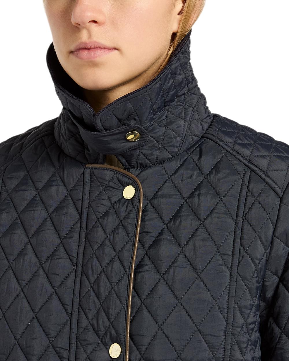 Navy Coloured Joules Rosewell Showerproof Longline Diamond Quilted Coat on white background