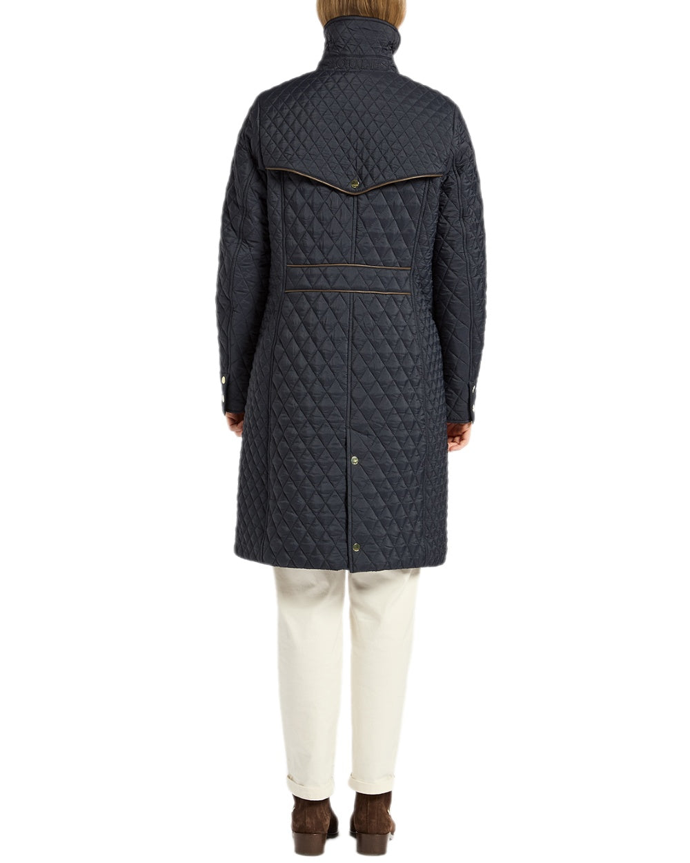 Navy Coloured Joules Rosewell Showerproof Longline Diamond Quilted Coat on white background