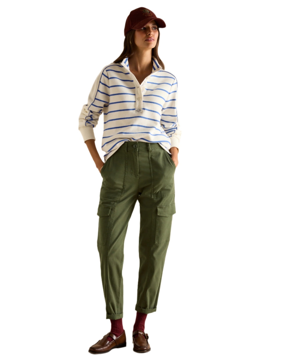 Creme Blue coloured Joules Southwold Button Down Striped Sweatshirt on white background