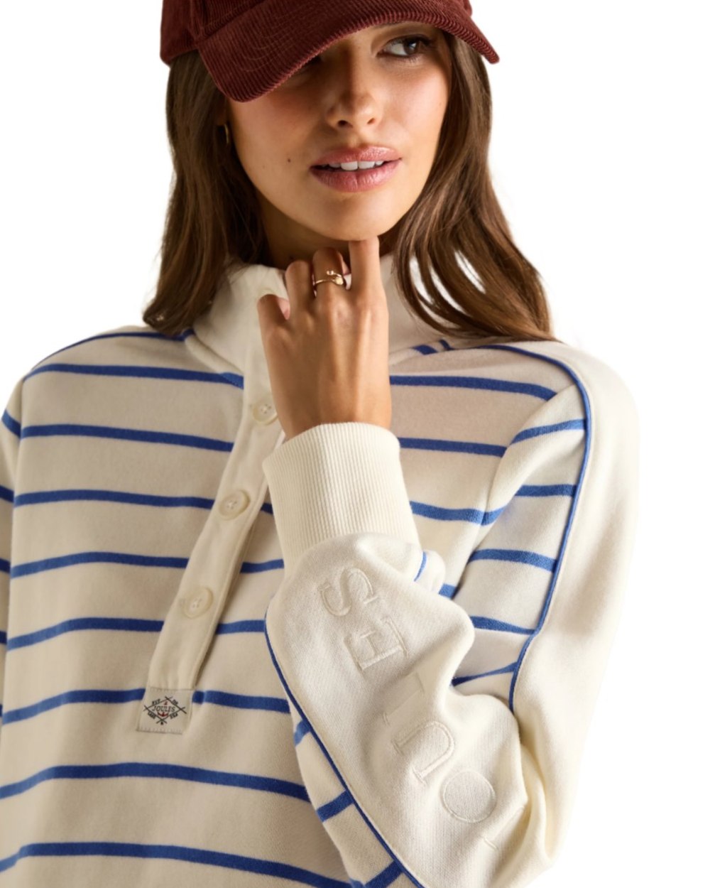 Creme Blue coloured Joules Southwold Button Down Striped Sweatshirt on white background