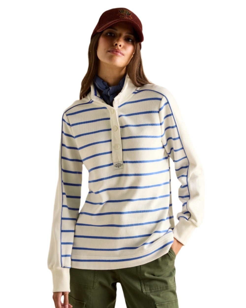 Creme Blue coloured Joules Southwold Button Down Striped Sweatshirt on white background