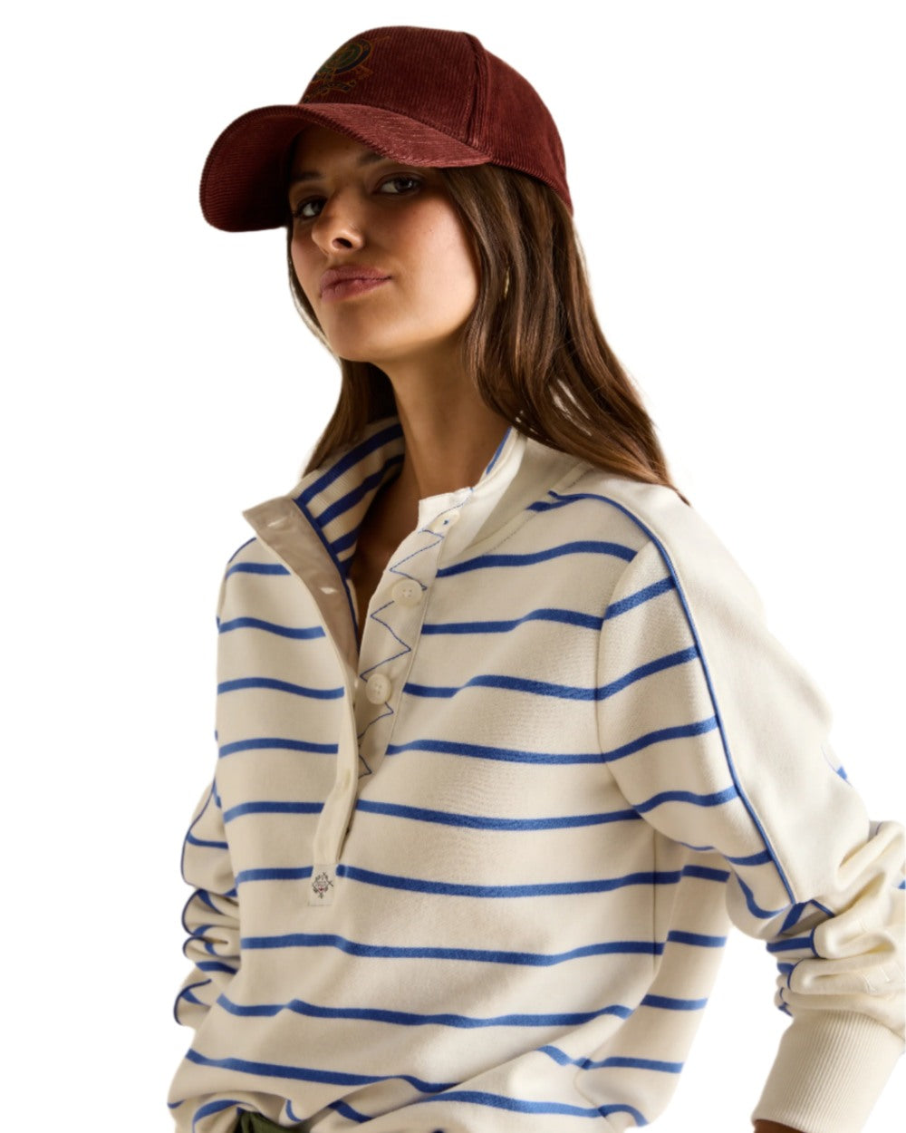 Creme Blue coloured Joules Southwold Button Down Striped Sweatshirt on white background