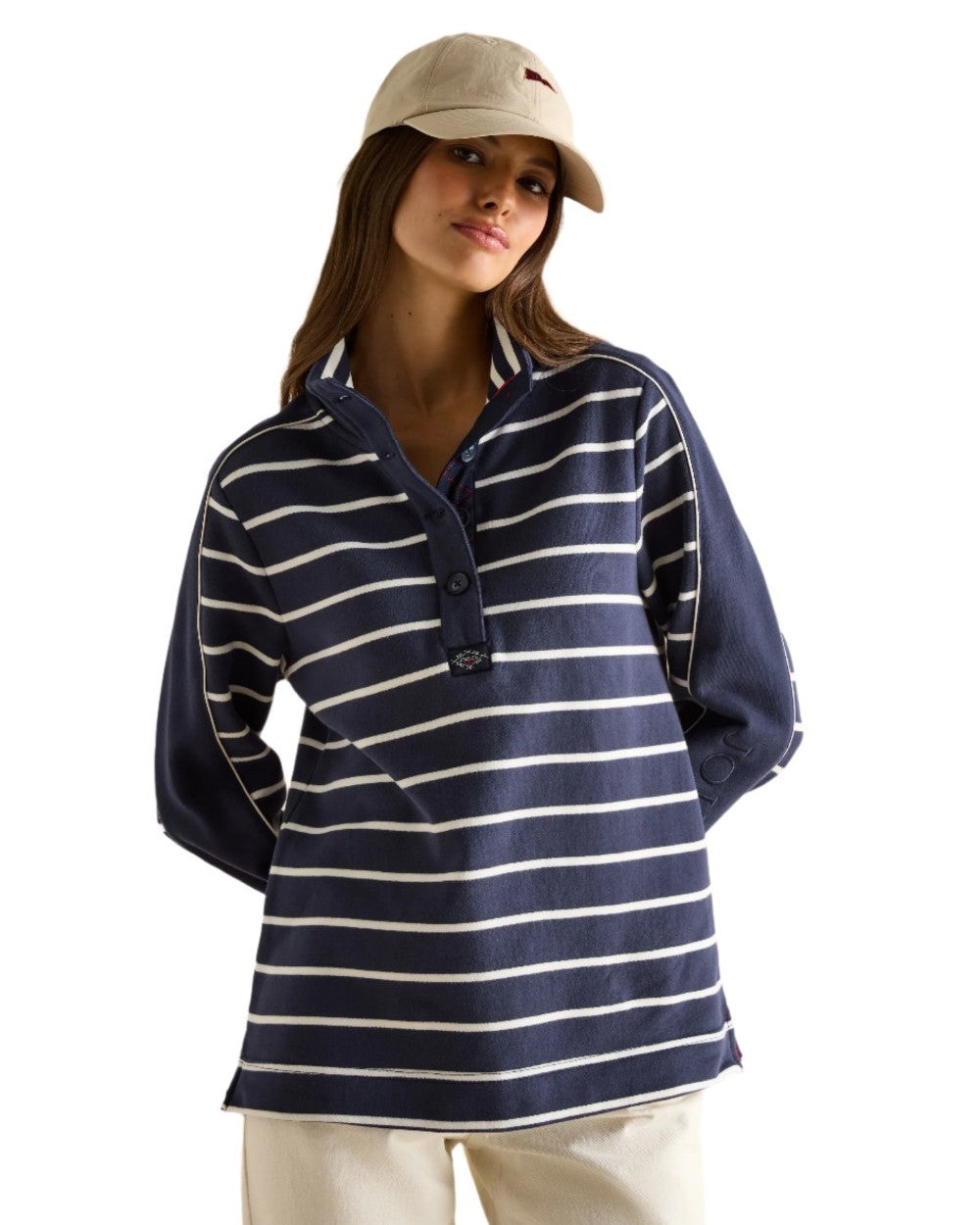 Navy Stripe coloured Joules Southwold Button Down Striped Sweatshirt on white background