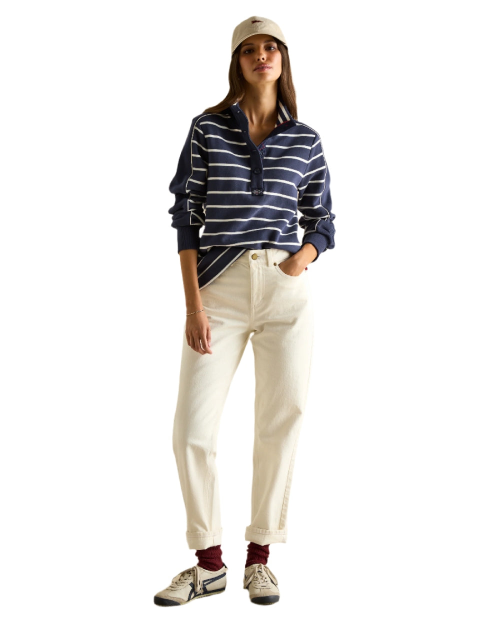 Navy Stripe coloured Joules Southwold Button Down Striped Sweatshirt on white background