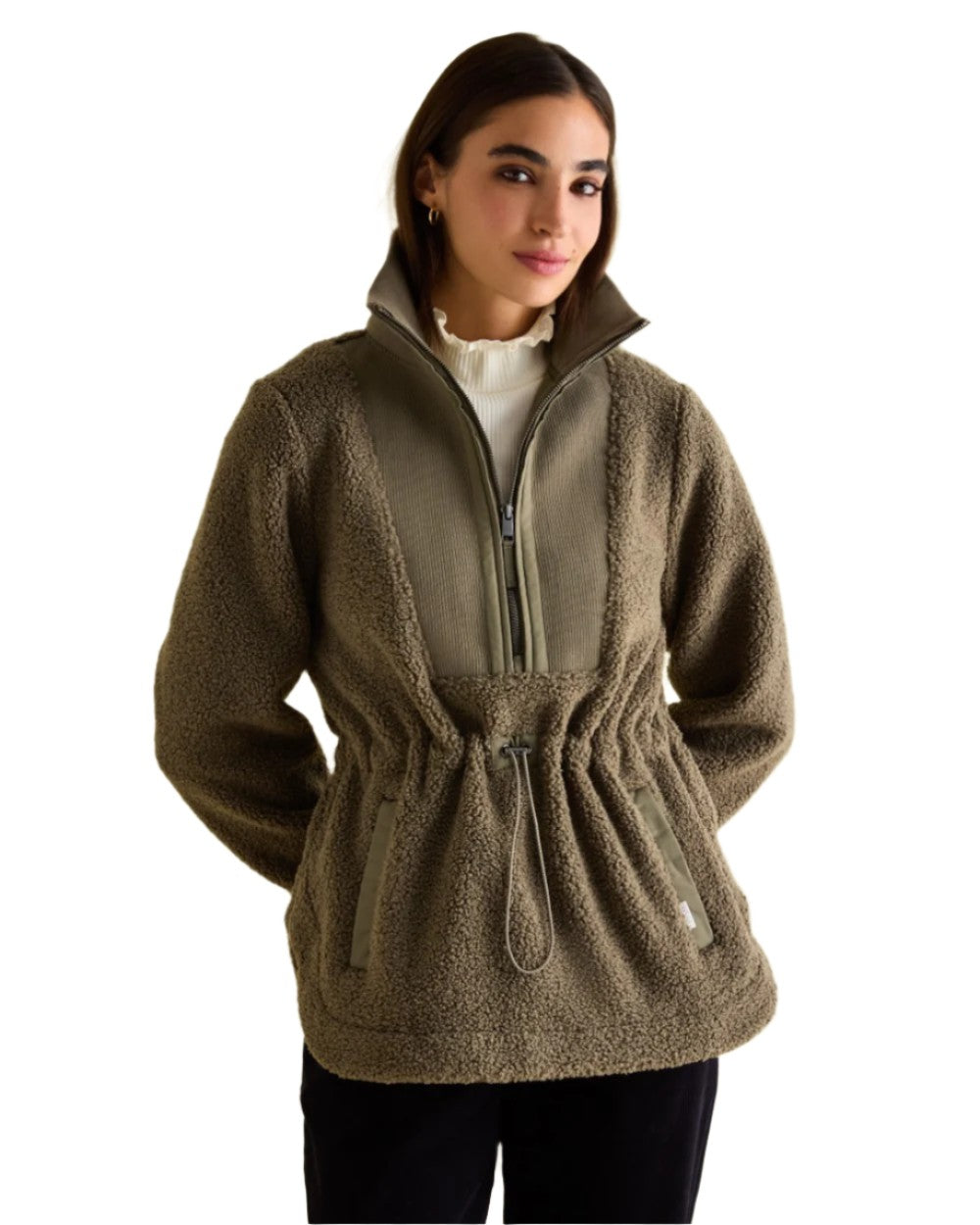 Khaki Green coloured Joules Womens Thurleston Borg Fleece Jacket on white Background