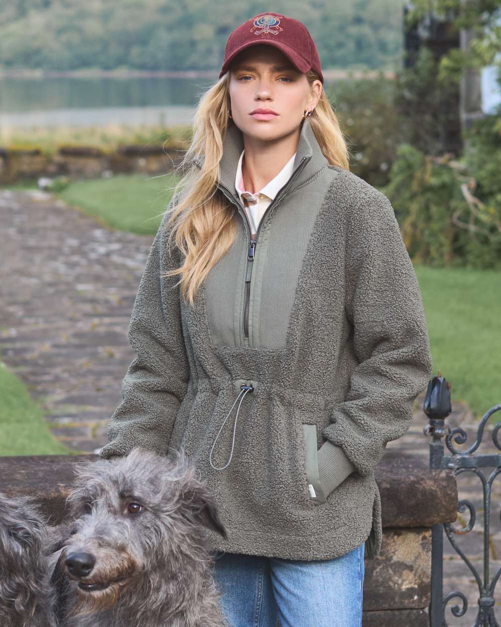 Khaki Green coloured Joules Womens Thurleston Borg Fleece Jacket on Farm Background
