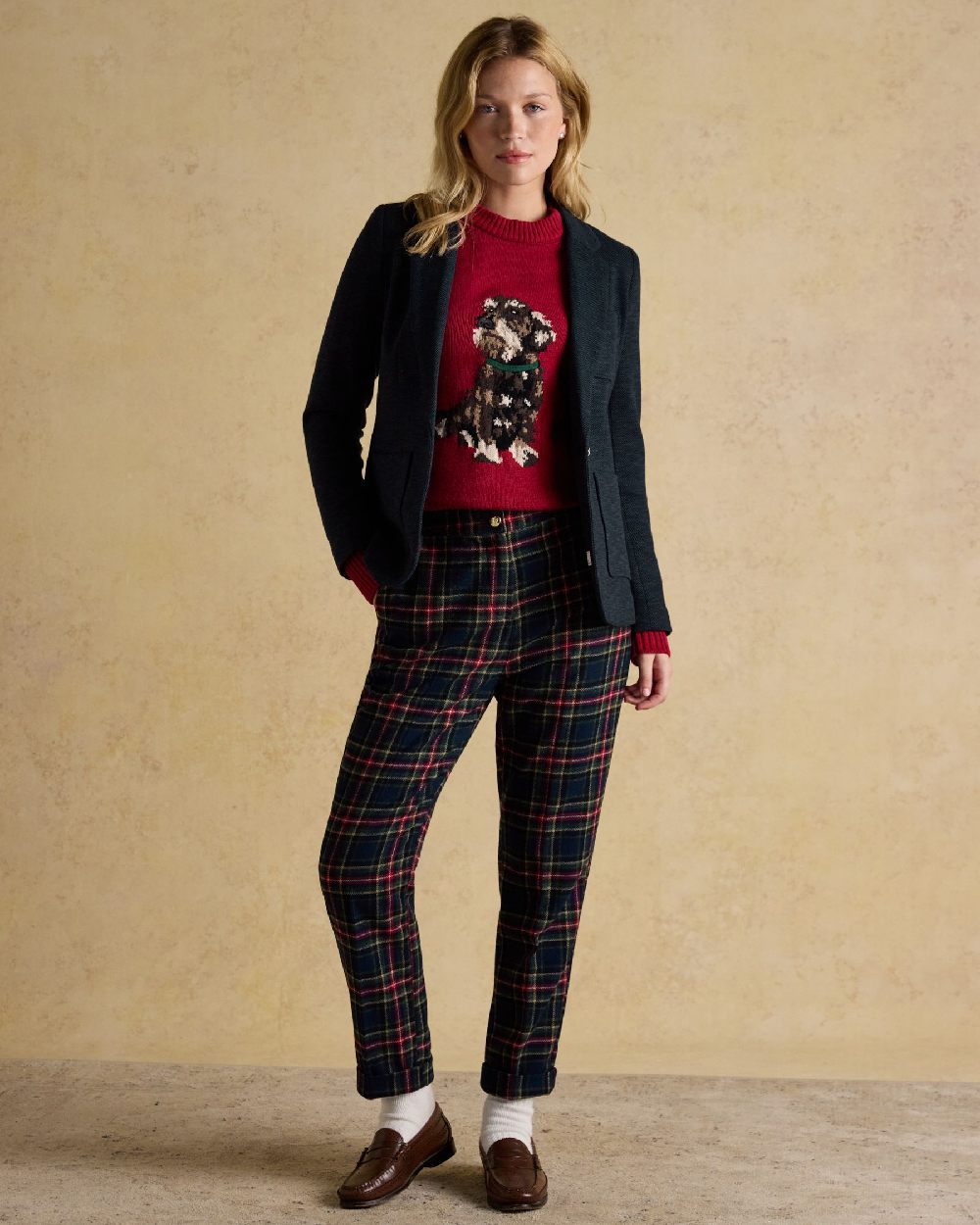 Navy Coloured Joules Womens Albury Cotton Blazer on indoor background