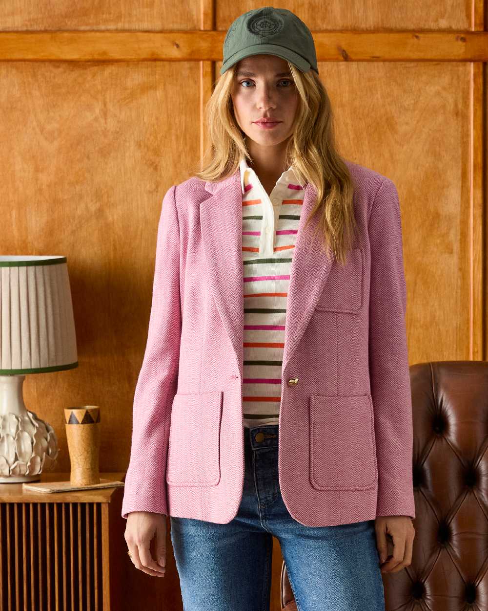Pink Coloured Joules Womens Albury Cotton Blazer on indoor background