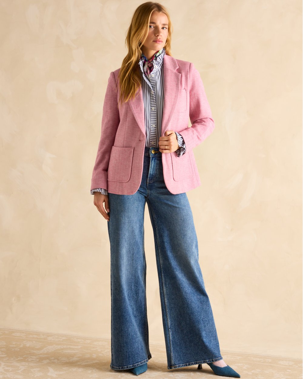 Pink Coloured Joules Womens Albury Cotton Blazer on indoor background