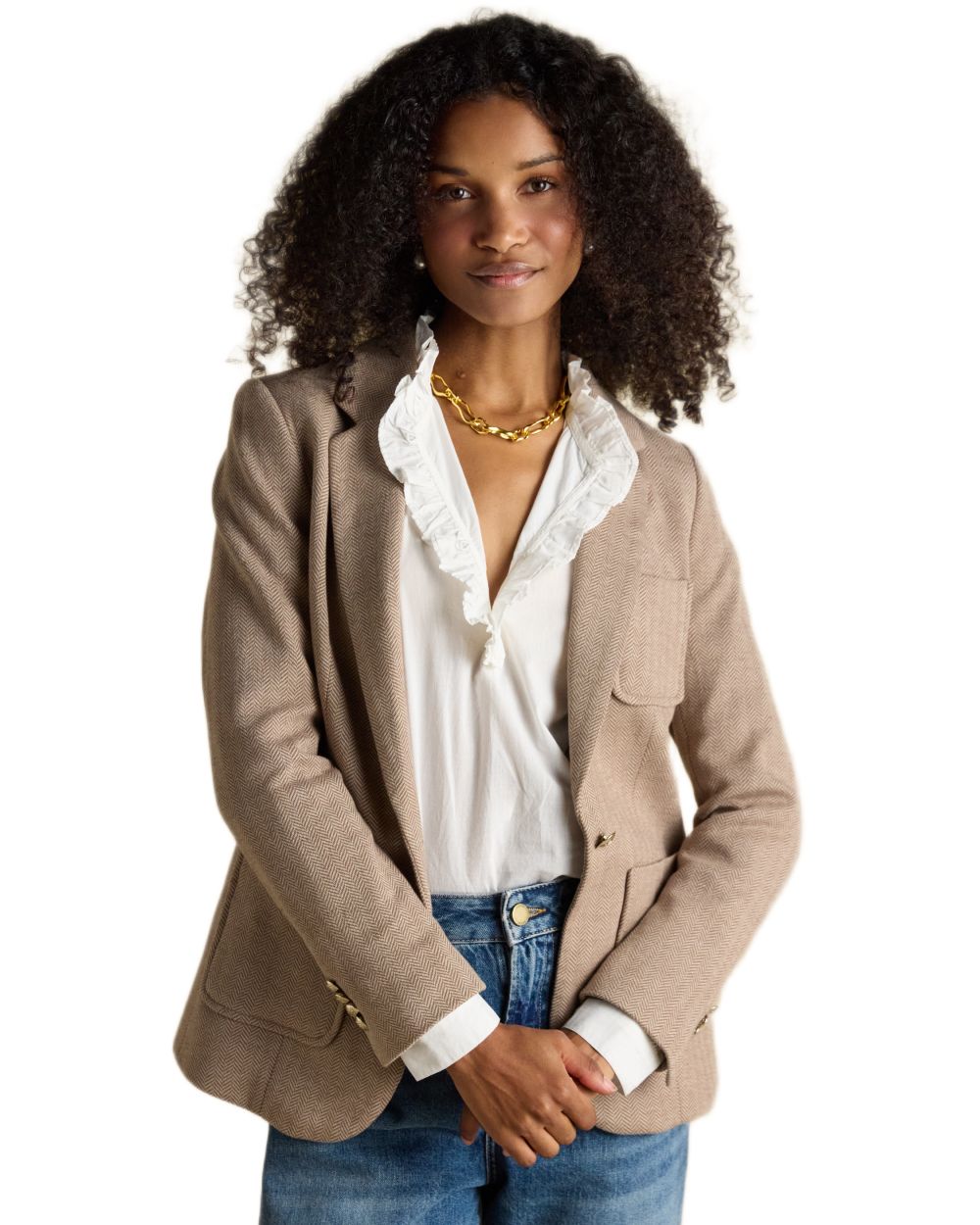 Tan Brown Coloured Joules Womens Albury Cotton Blazer on white background