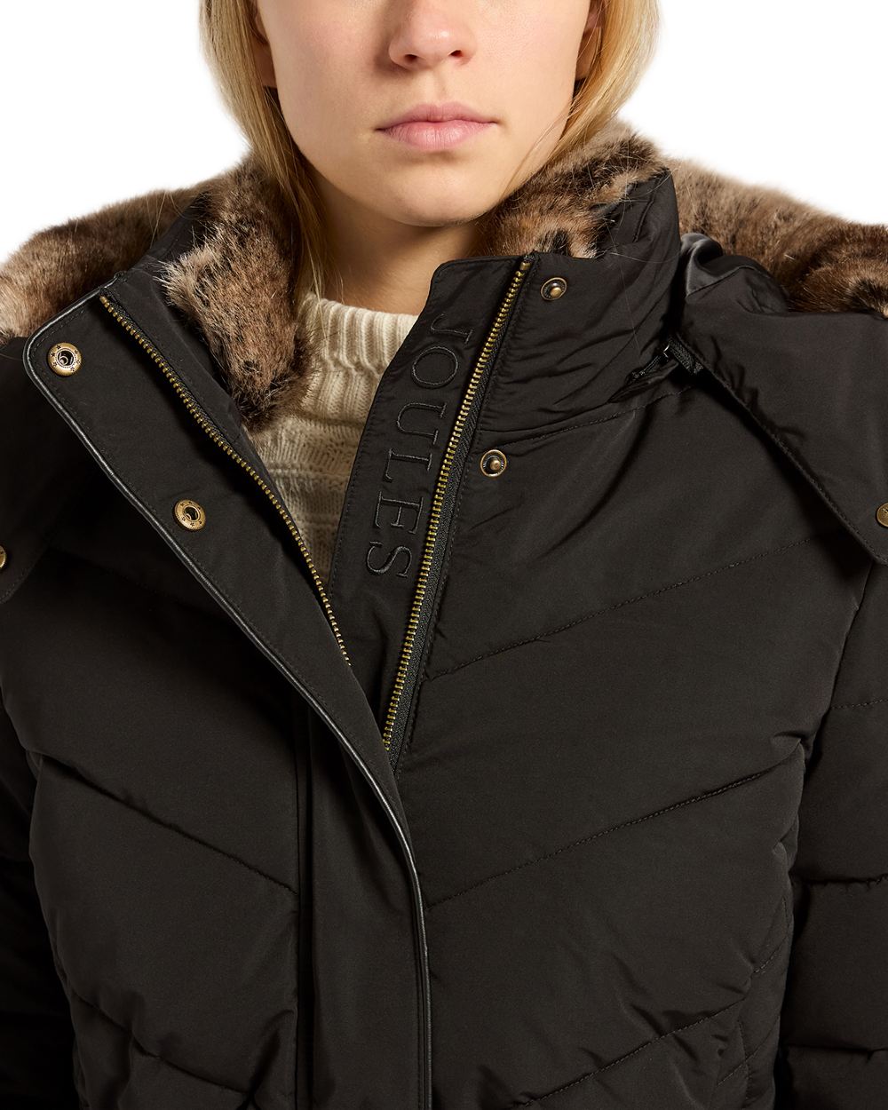 Black Coloured Joules Womens Aspen Long Showerproof Padded Coat on white background