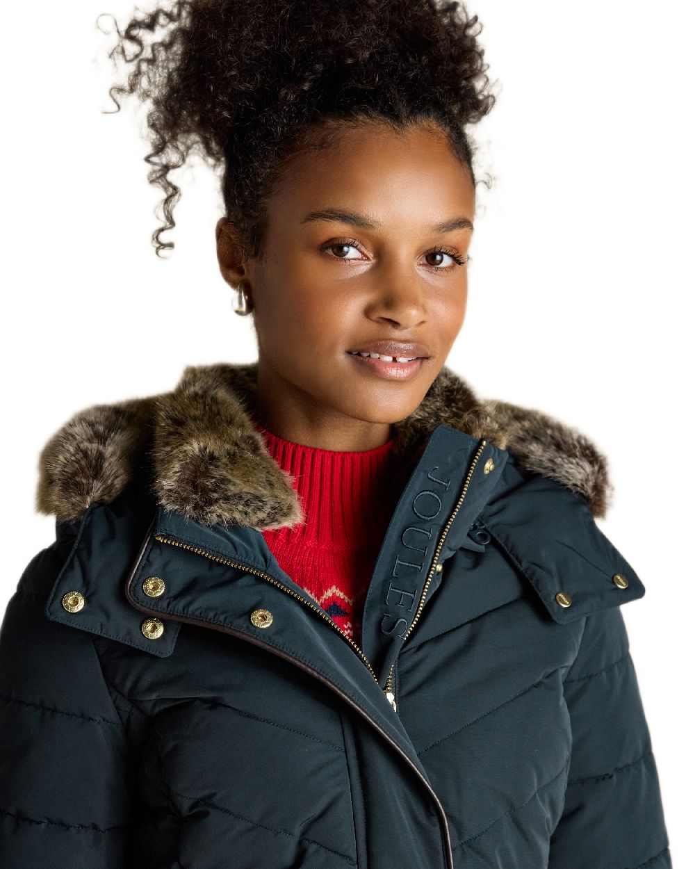 Navy Coloured Joules Womens Aspen Long Showerproof Padded Coat on white background