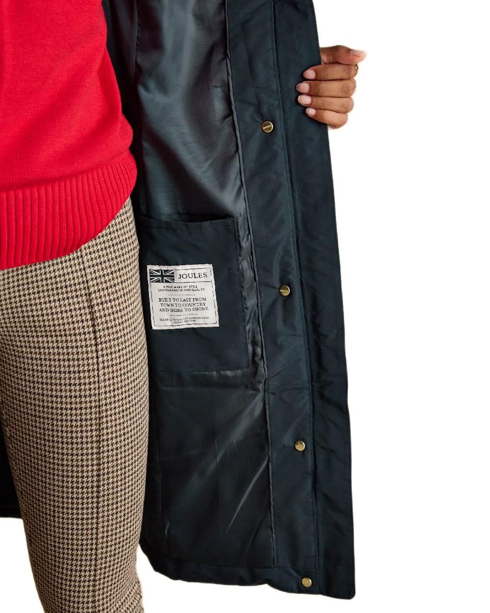 Navy Coloured Joules Womens Aspen Long Showerproof Padded Coat on white background