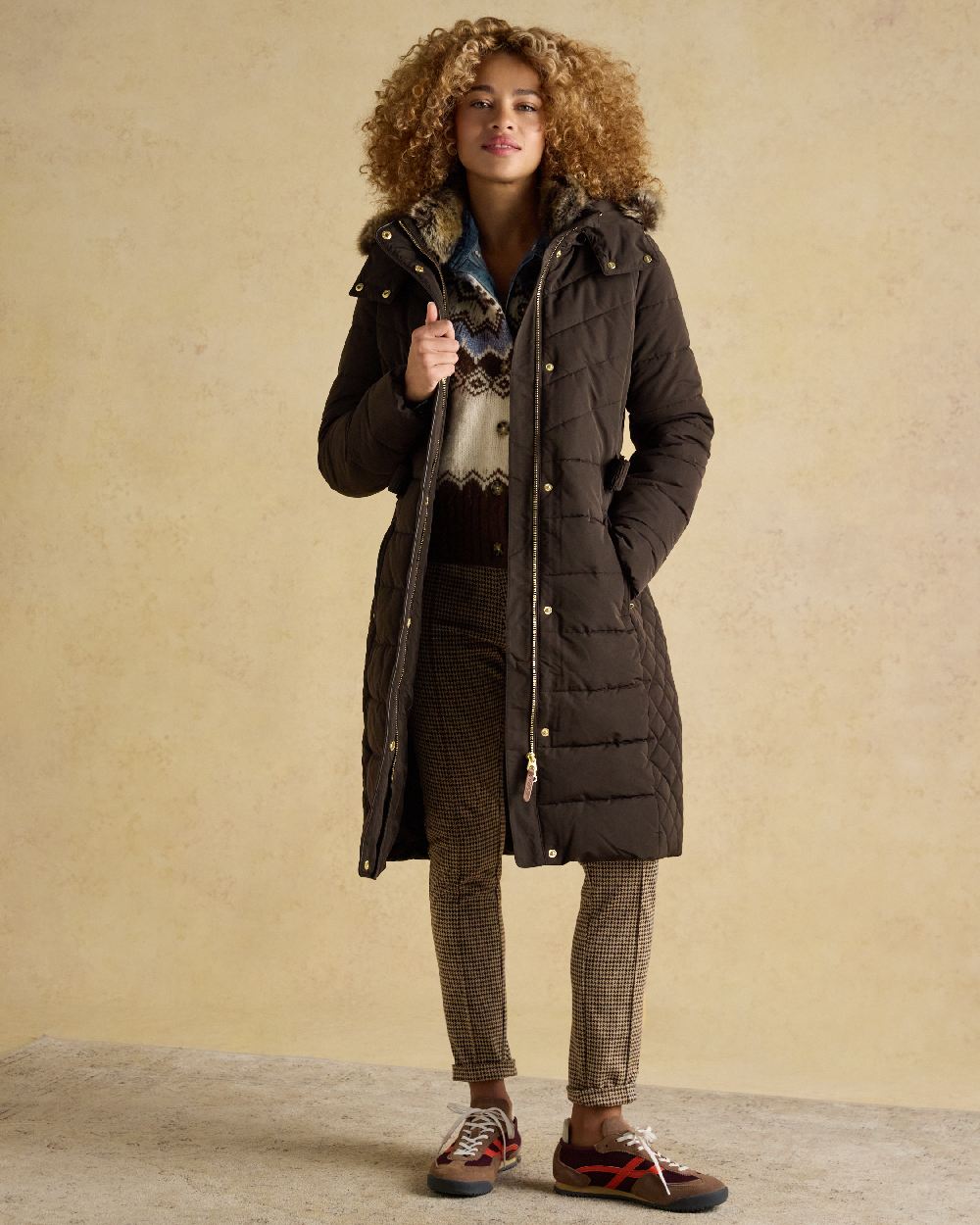 Brown Coloured Joules Womens Aspen Showerproof Longline Padded Coat on white background