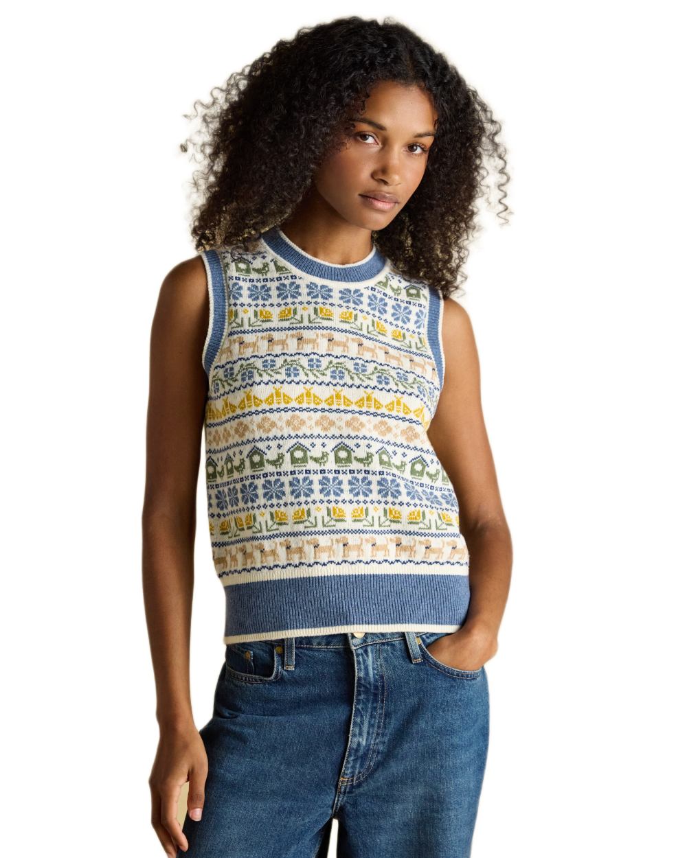 Cream Blue coloured Joules Womens Birds & Bees Knitted Crew Neck Vest on white background