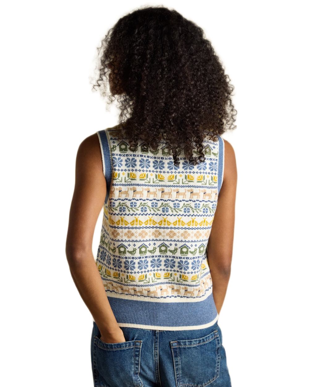 Cream Blue coloured Joules Womens Birds & Bees Knitted Crew Neck Vest on white background