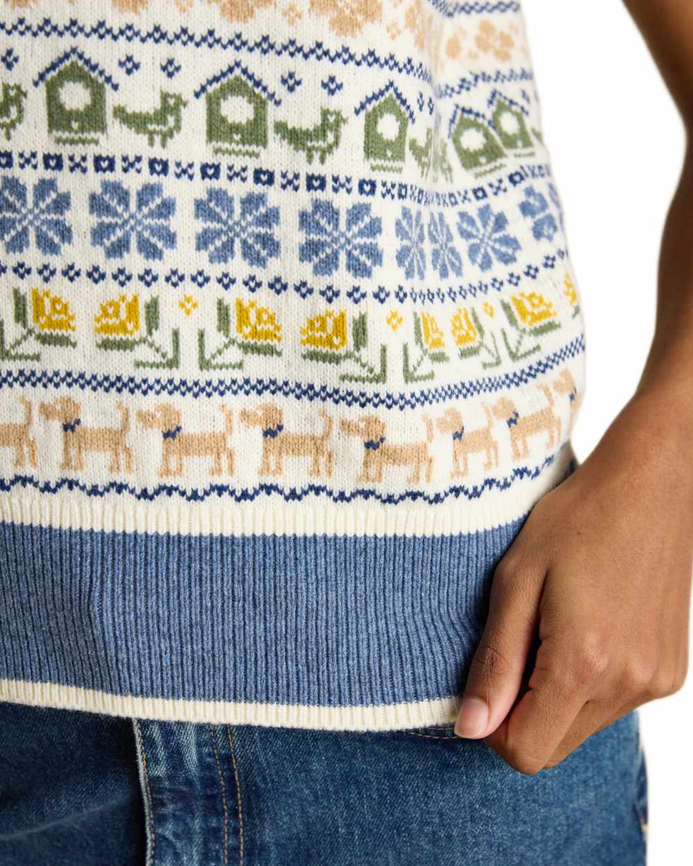 Cream Blue coloured Joules Womens Birds & Bees Knitted Crew Neck Vest on white background