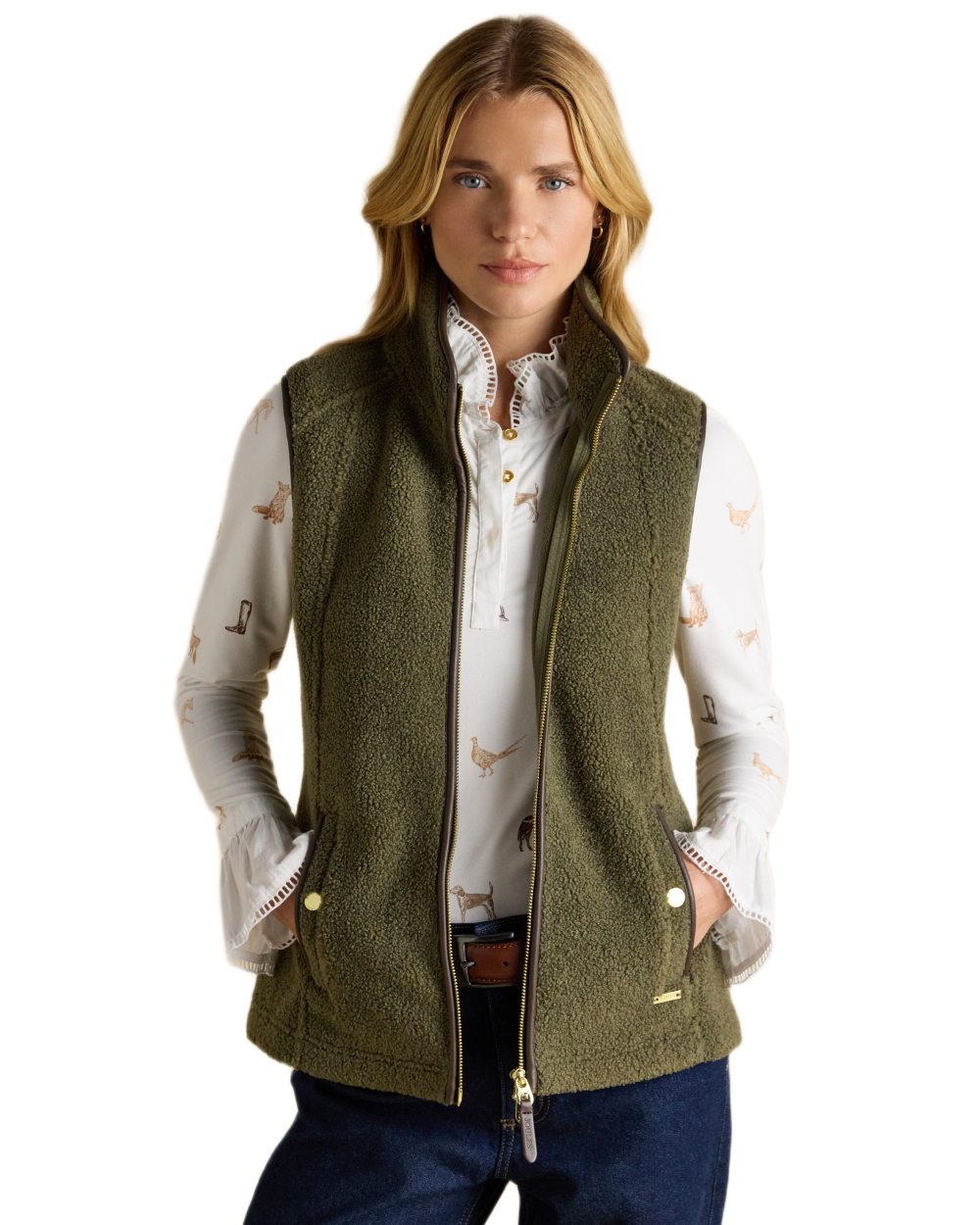 Khaki Green coloured Joules Womens Borg Heritage Fleece Gilet on white background