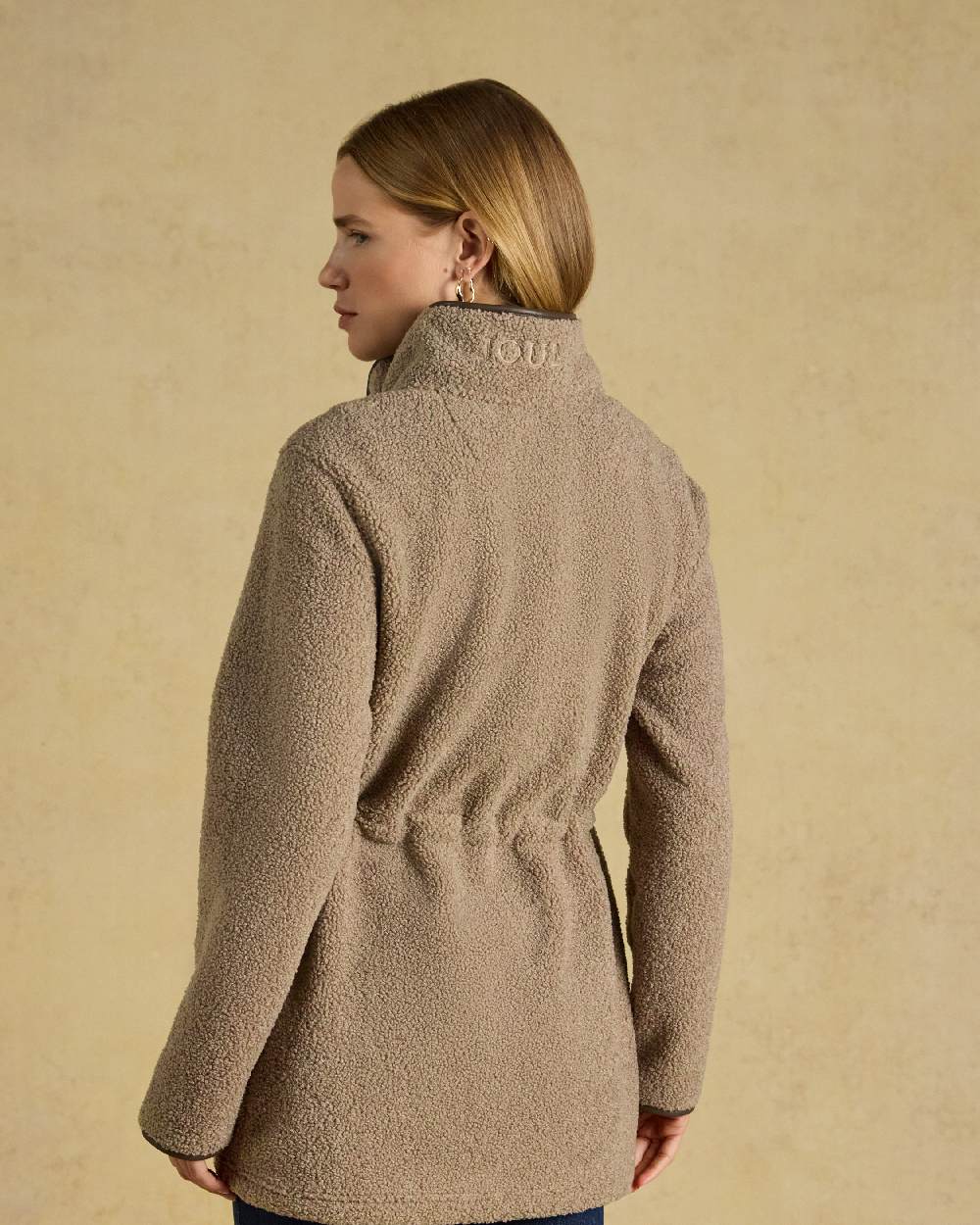 Mink Brown Coloured Joules Womens Borg heritage Longline Fleece Zip Jacket on a cream Background