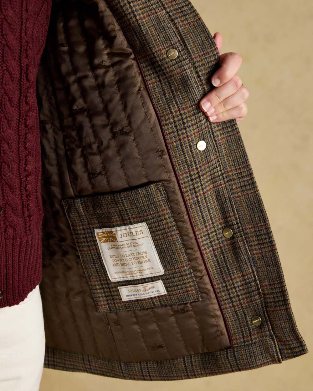 Roston Tweed coloured Joules Womens Contemporary Tweed Fieldcoat on wall background