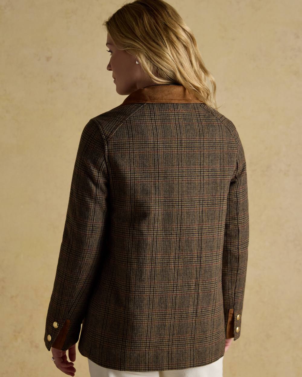 Roston Tweed coloured Joules Womens Contemporary Tweed Fieldcoat on wall background