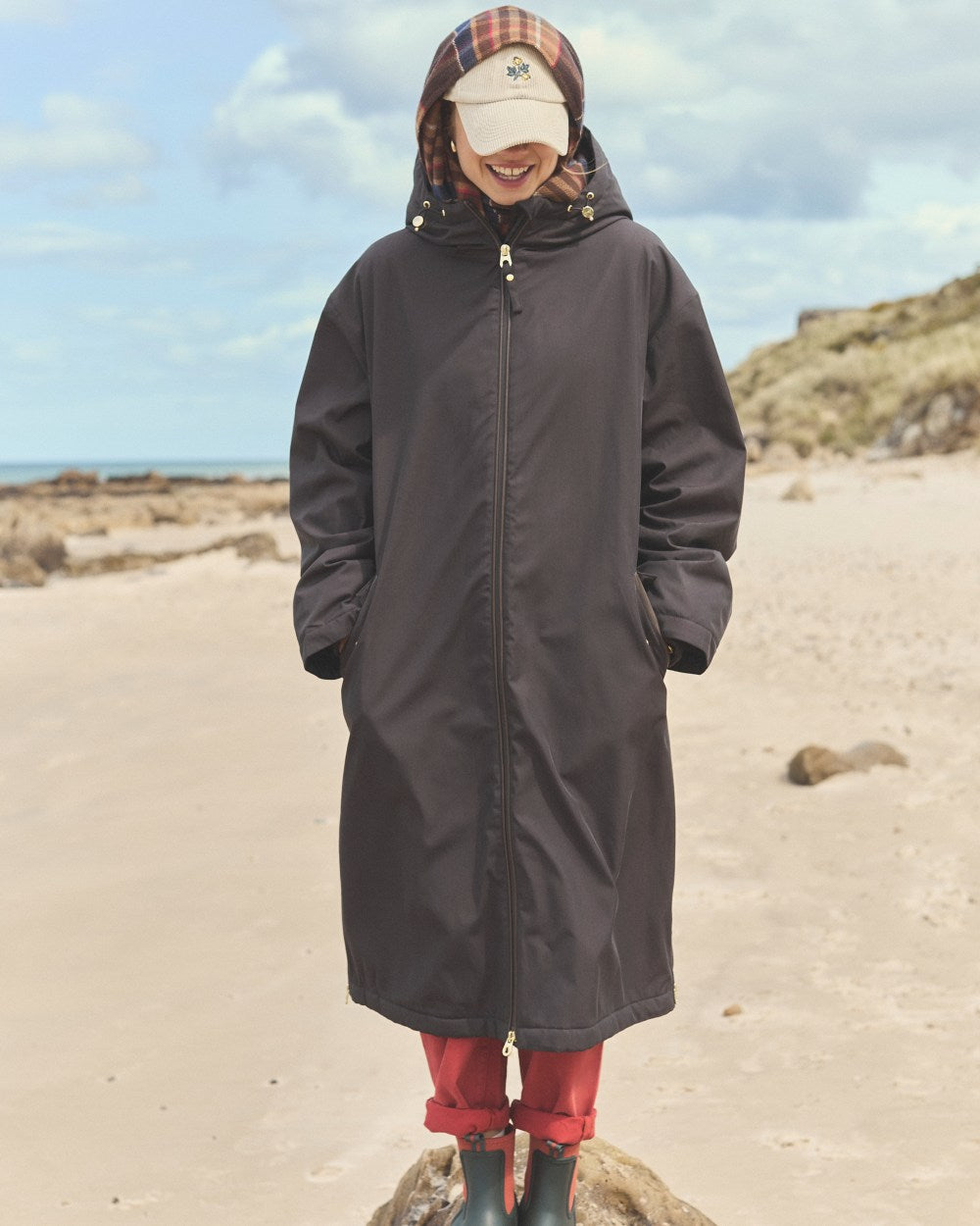 Chocolate Coloured Joules Womens Fleecelined Waterproof Coveralls on sand background