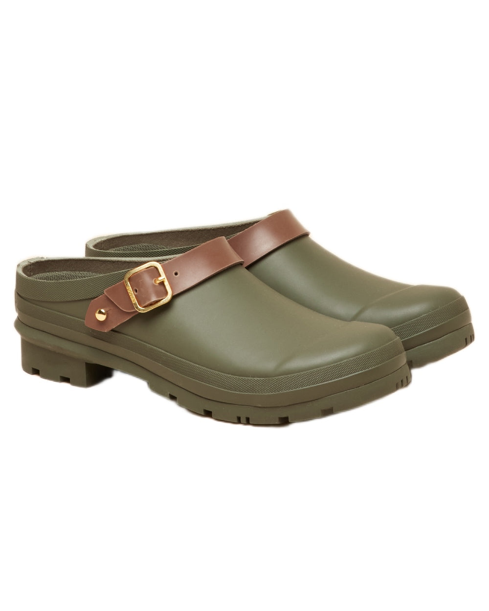 Khaki Green coloured Joules Womens Elbridge Welly Clogs on white background