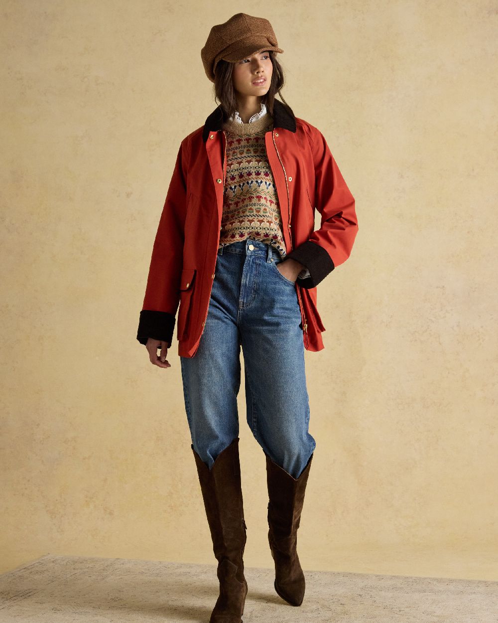 Tan Brown Coloured Joules Womens Elvaston Baker Boy Hat on indoor background