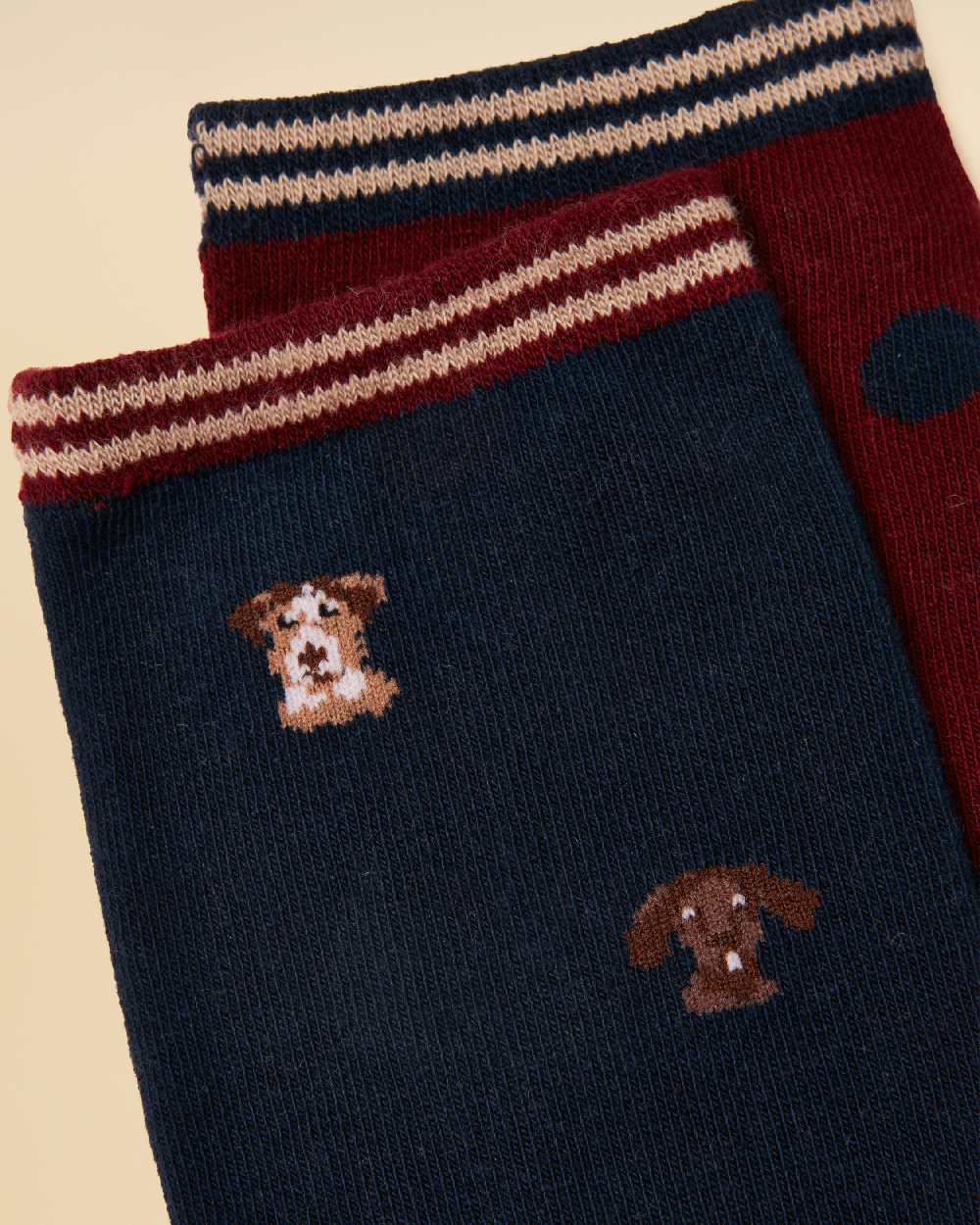Navy Mini Dog Coloured Joules Womens Everyday Socks 2 Pack on Beige Background