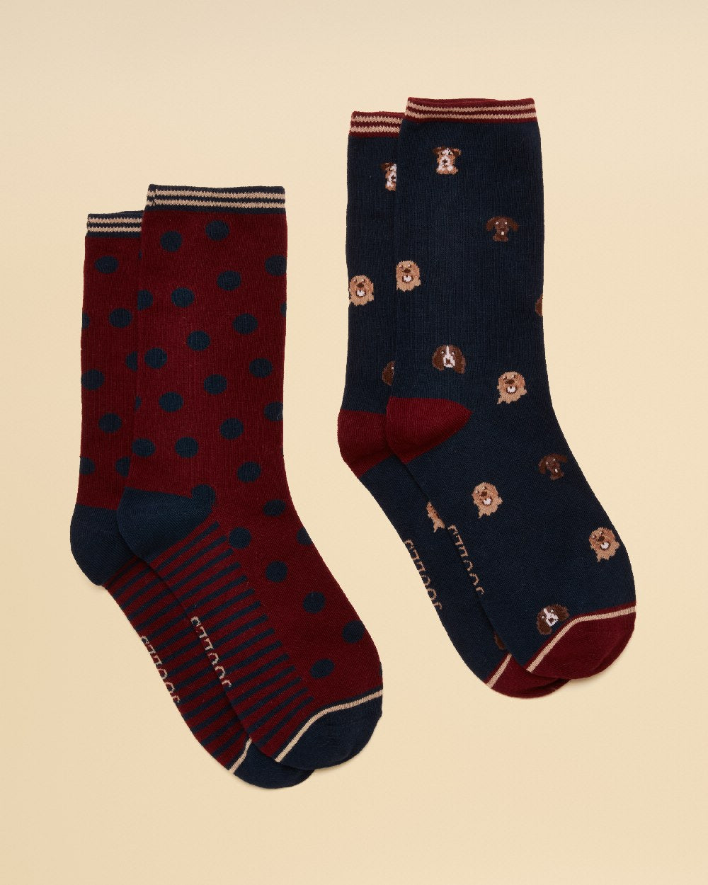 Navy Mini Dog Coloured Joules Womens Everyday Socks 2 Pack on Beige Background