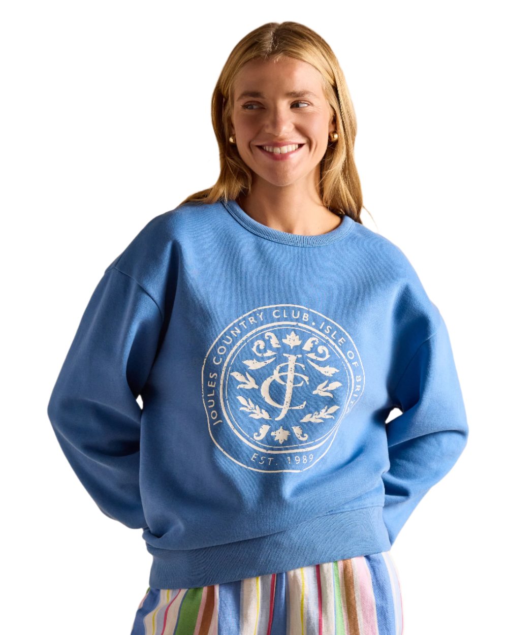 Blue coloured Joules Womens Graphic Crew Neck Sweatshirt on white background