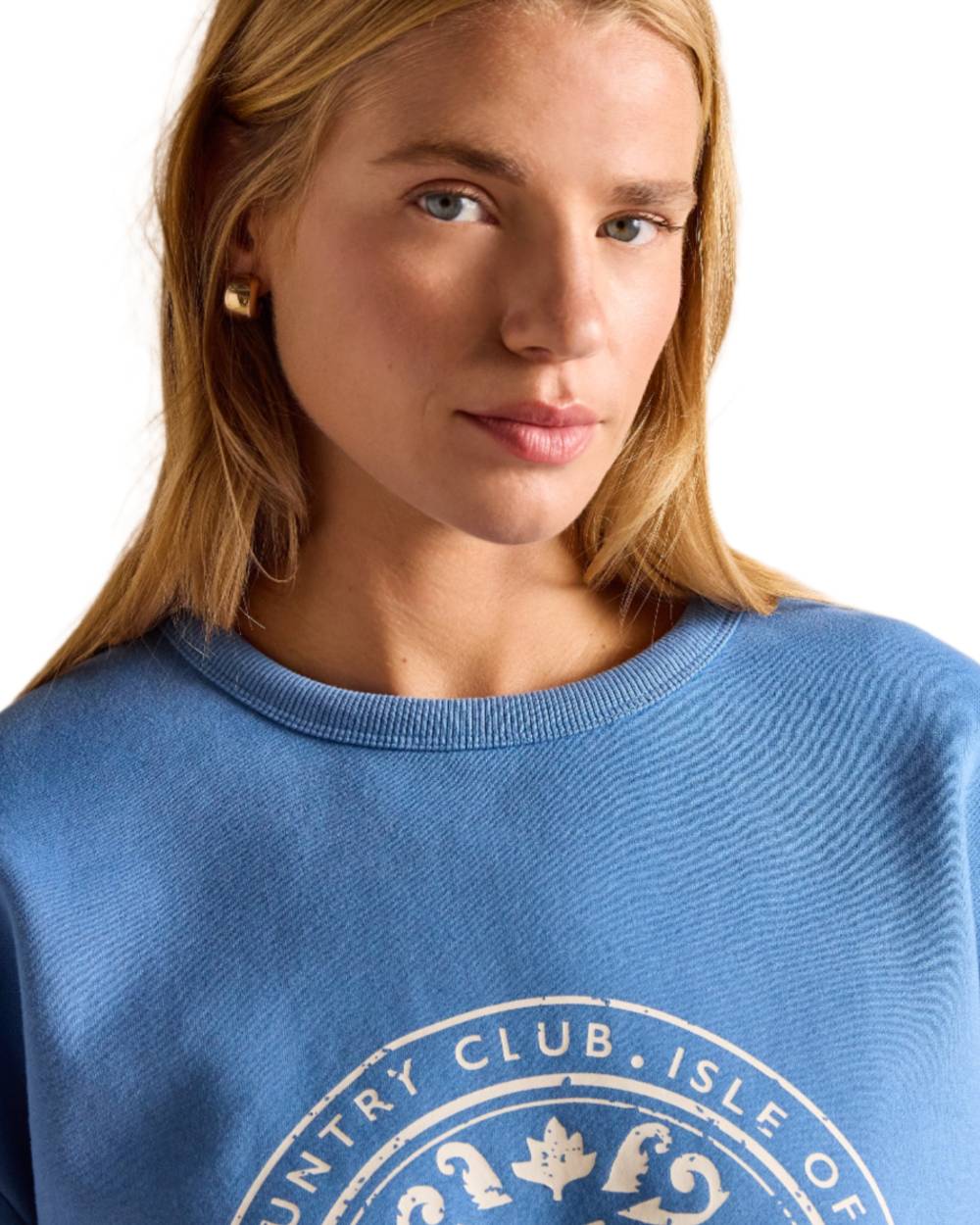 Blue coloured Joules Womens Graphic Crew Neck Sweatshirt on white background