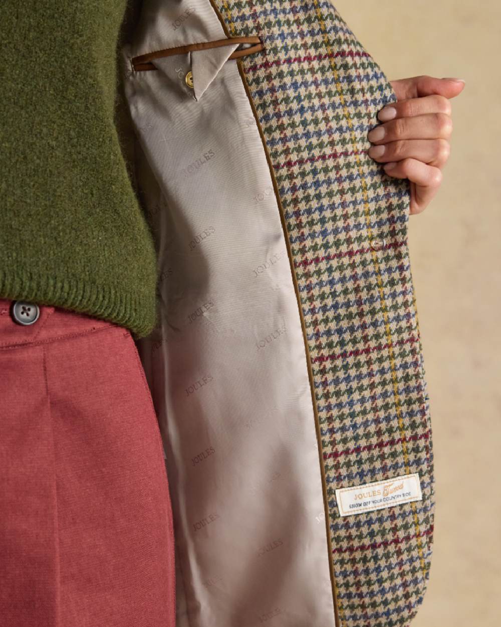 Elton Tweed coloured Joules Womens Hackmore Tweed Blazer on tan background