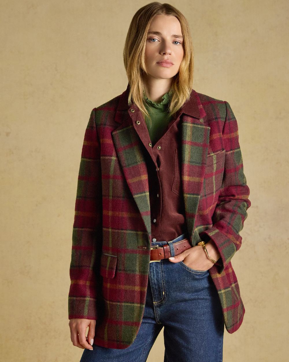 Rusland Tweed Coloured Joules Womens Hackmore Relaxed Fit Wool Blend Tweed Blazer on beige background