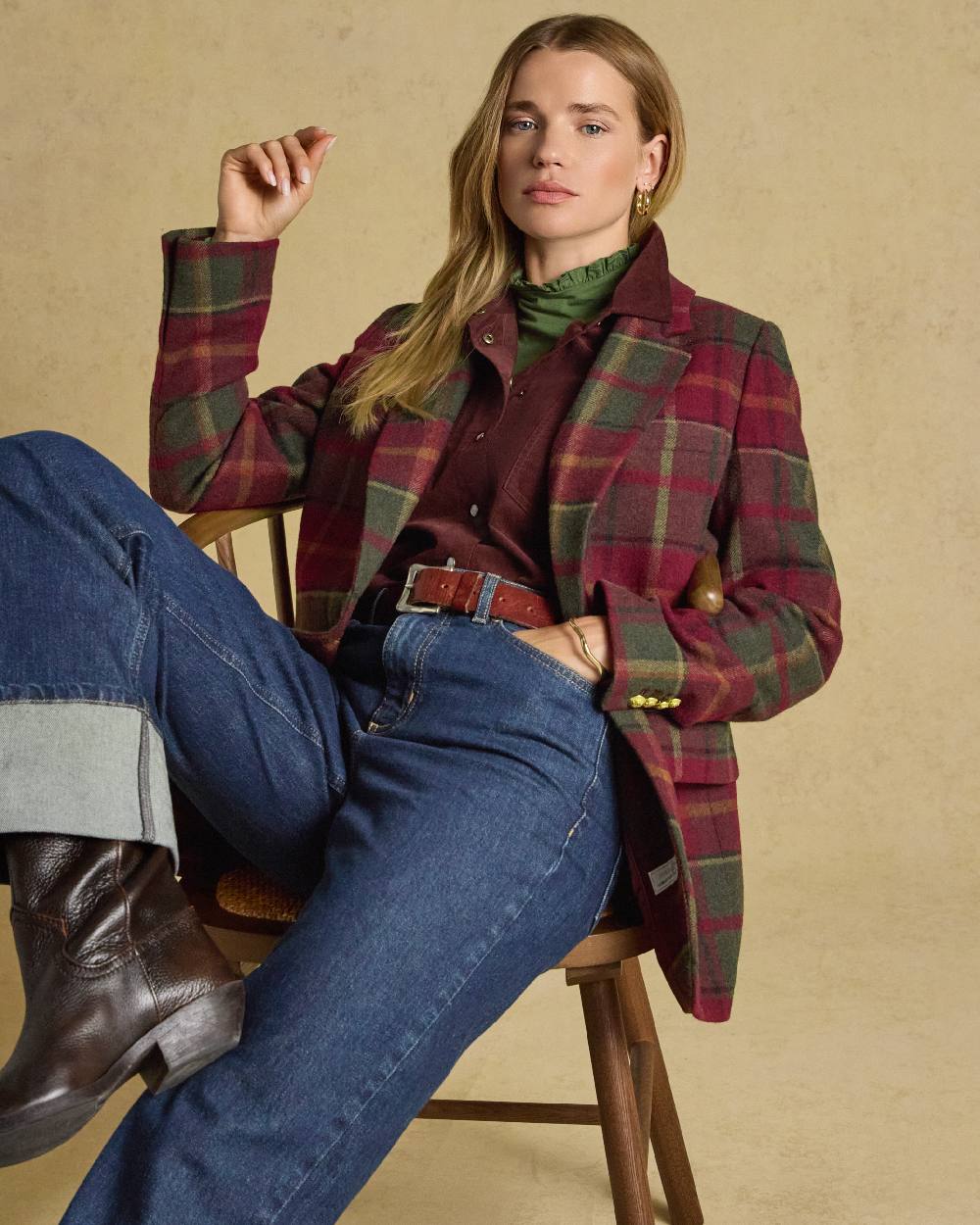 Rusland Tweed Coloured Joules Womens Hackmore Relaxed Fit Wool Blend Tweed Blazer on beige background
