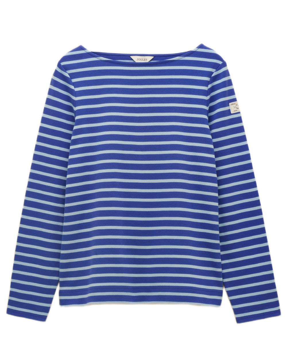 Blue Navy Stripe coloured Joules Womens Harbour Long Sleeve Striped Boat Neck Breton Top on white background